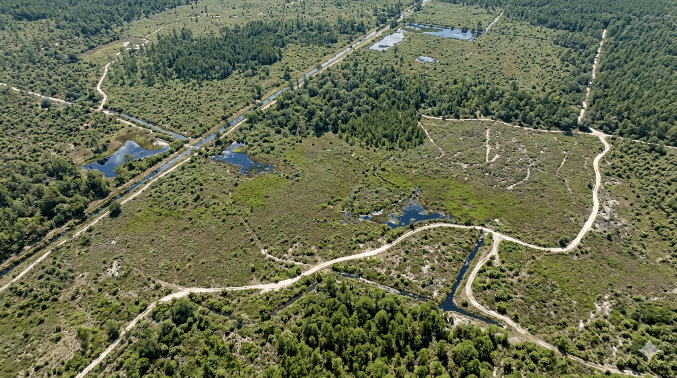 Aerial view of trails and wetlands at Suburban Estates Holopaw