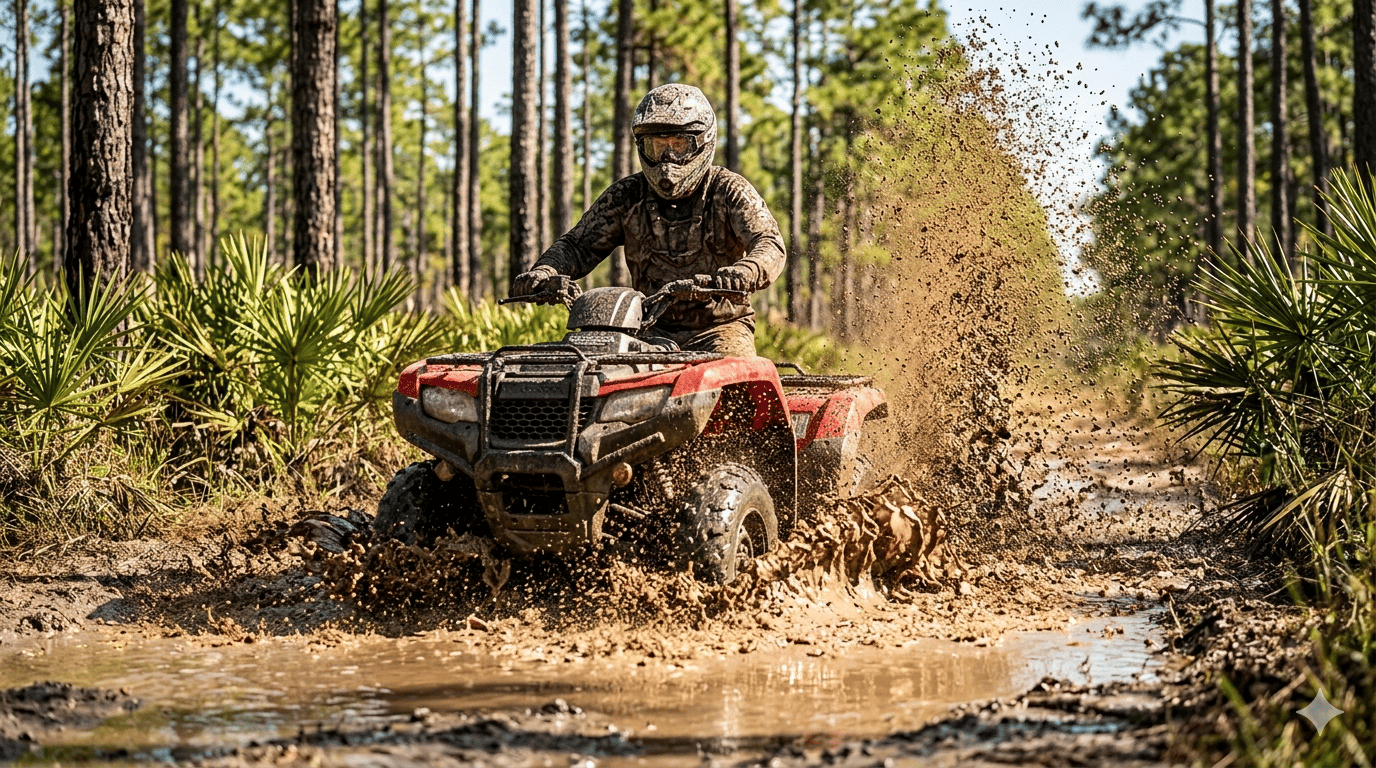 ATV riding through mud at Suburban Estates Holopaw