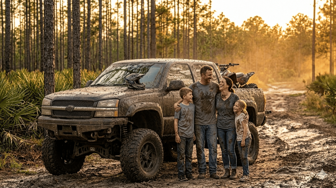 Family with muddy truck at Suburban Estates Holopaw