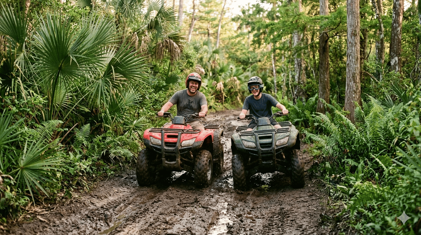 Father and son riding ATVs on trail at Suburban Estates Holopaw