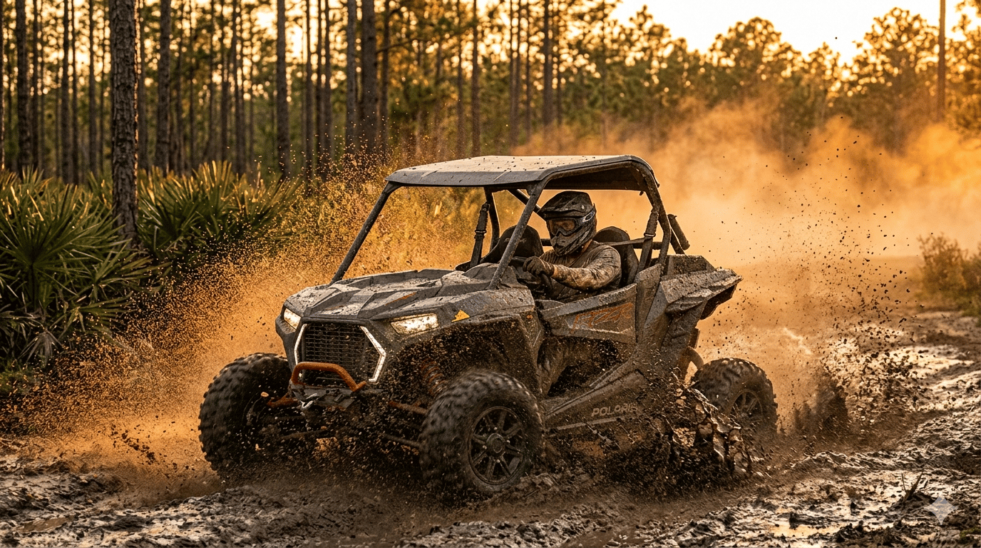 UTV riding through mud trails at Suburban Estates, Holopaw