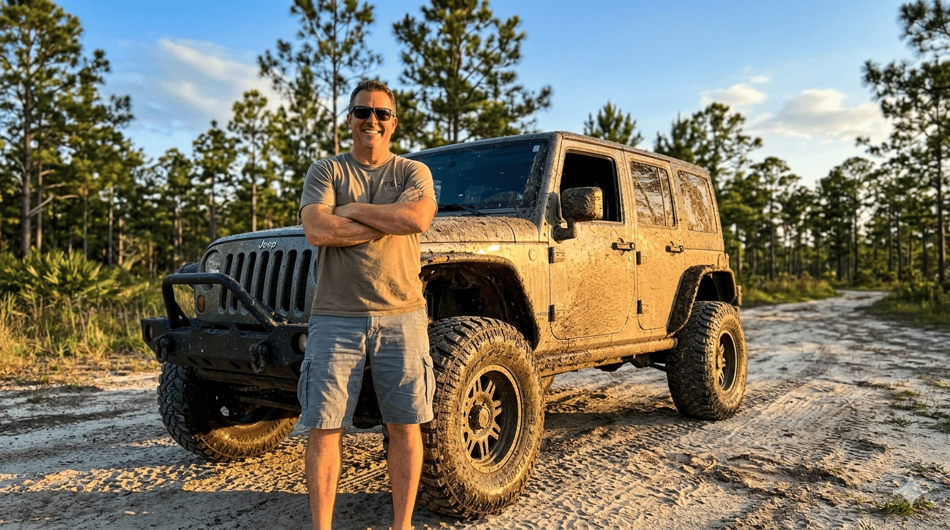 Dad standing proudly next to muddy Jeep at Suburban Estates Holopaw