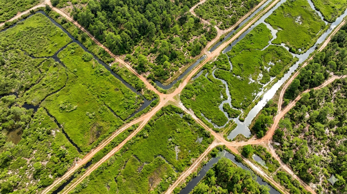 Aerial view of trail crossroads at Suburban Estates Holopaw